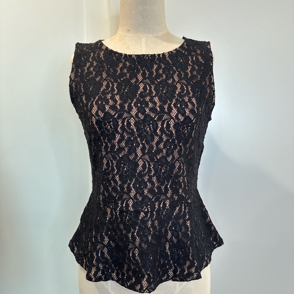 BCBGMaxAzria NWT Black Lace Peplum Top with Nude Underlay- Size Medium